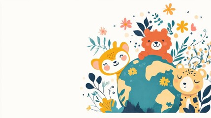 Obraz premium Playful Animals Celebrate Earth Day with Globe Design