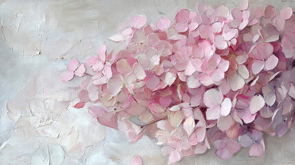A delicate arrangement of pink hydrangea petals on a soft, textured background, evoking tranquility