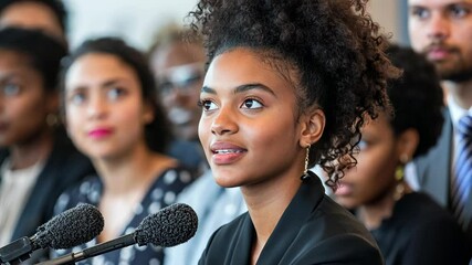 Young woman speaks at a conference focused on social change and community empowerment in an urban setting
