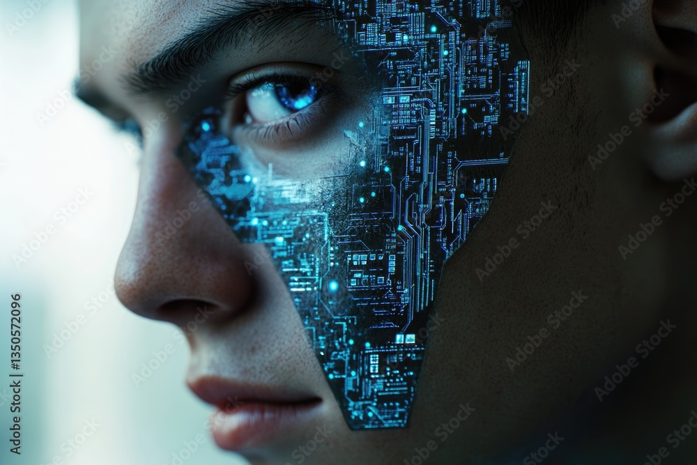 Poster a futuristic portrait of a person with a face partially overlaid with a glowing circuit board, symbo