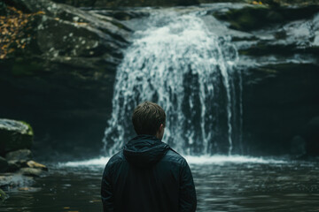 Obraz premium Person Standing Before Majestic Waterfall