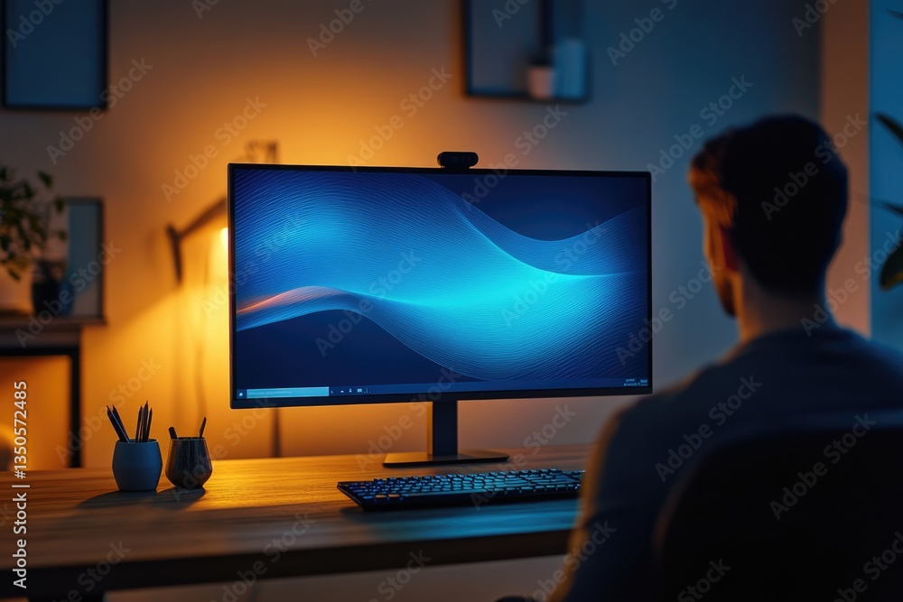 Poster person working on computer with blue wave abstract background at night.