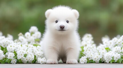Adorable white puppy surrounded by white flowers