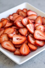 Juicy Sliced Strawberries in White Plate Summer Food Photography