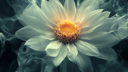Ethereal close-up of a luminous white flower surrounded by soft, swirling mist in a serene backdrop