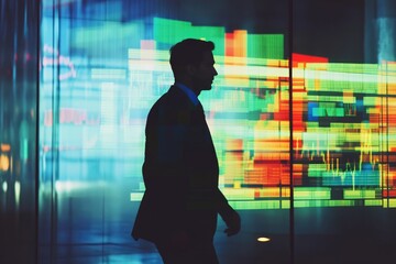 Silhouette of a businessman walking past a vibrant, dynamic stock market data display.