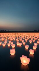 Obraz premium Sunset Lotus Lanterns Floating Lake.