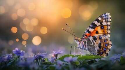Colorful Butterfly Resting on Purple Flowers with Soft Bokeh and Golden Light in Nature