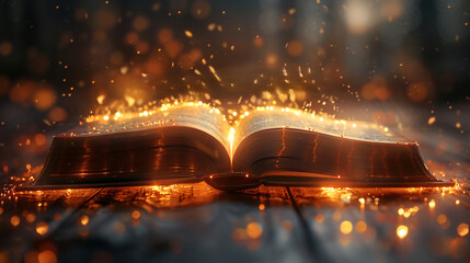 Spiritual transformation celebration card featuring open scripture glowing divine light soft golden ray symbolizing enlightenment typography reading Journey of Faith central blank space golden border