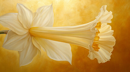 Elegant white daffodil flower blooming against a warm golden background, creating a serene atmosphere