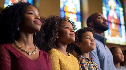 Fototapeta premium Family worshipping together in a small community church.