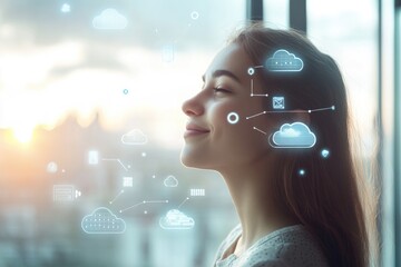 A serene woman contemplates futuristic technology, visualized as cloud computing icons around her head, symbolizing the integration of data and human thought.