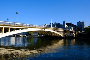 日本、大阪、橋、水、春、青空、建築、城市、木