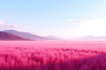 Fototapeta premium vast open landscape of Da Lat’s pink grass fields, with a gentle mountain slope and clear sky in the background