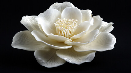 Elegant white flower sculpture with intricate petal details against a dark background, showcasing artistry