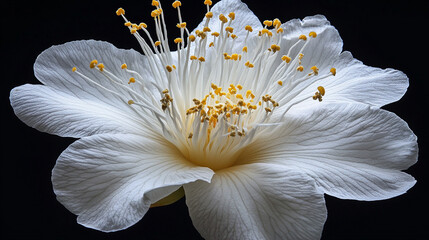 Close-up of a delicate white flower with yellow stamens against a dark background, highlighting its beauty