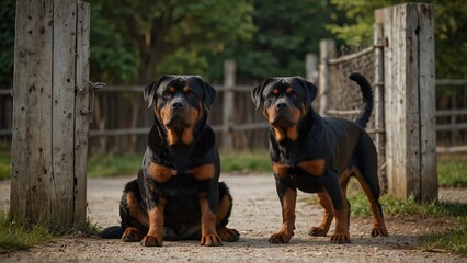 Obraz premium A determined Rottweiler, standing guard in front of a gate, with alert eyes and a powerful stance.