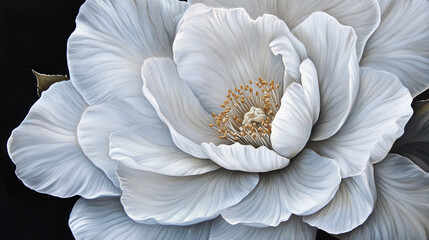 A close-up view of a delicate white flower showcasing intricate petal details against a dark background
