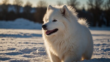 Obraz premium A fluffy white Samoyed, joyfully playing in the snow, its thick coat gleaming under the bright winter sun.