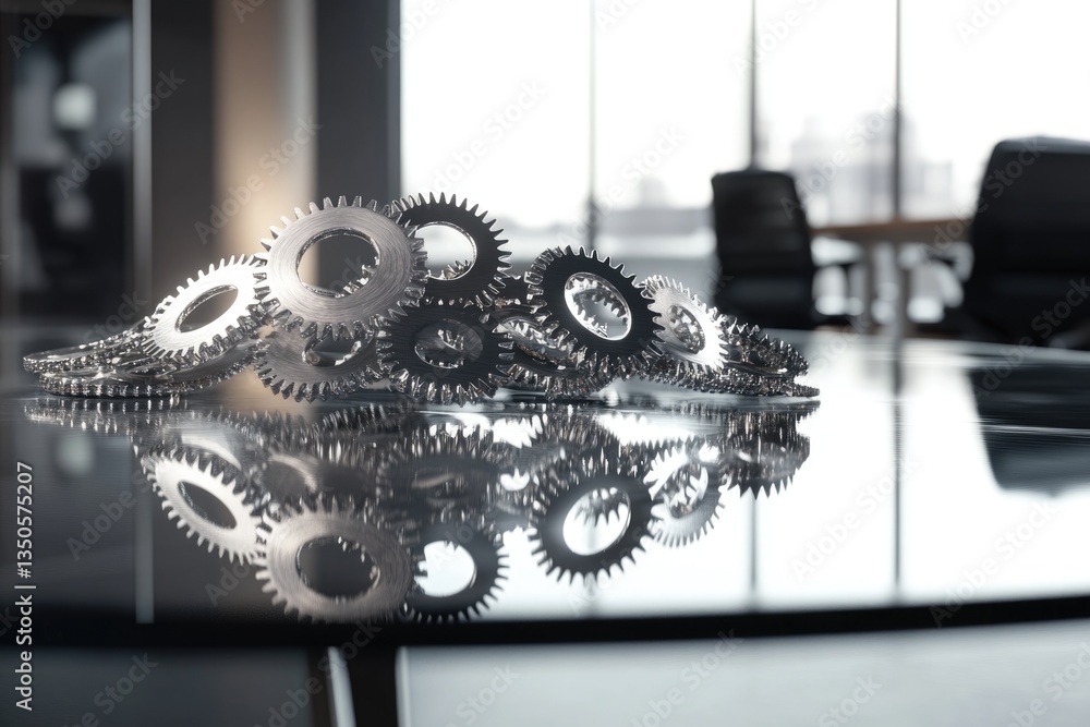 Poster interlocking metal gears on a reflective surface, symbolizing teamwork and complex systems.