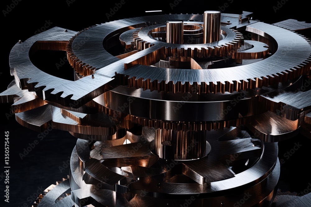 Poster intricate metallic gears interlock, showcasing precision engineering and complex mechanics.