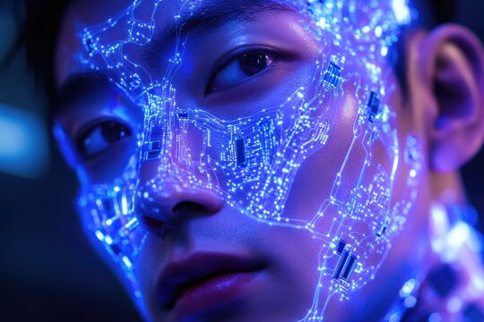 Close-up of a person's face with a futuristic, glowing circuit board overlay, symbolizing technology's integration with humanity.