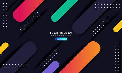 Dark technology background with dynamic diagonal 3D rounded shapes in vibrant colors (red, green, blue, yellow, orange, purple). Features white dotted patterns