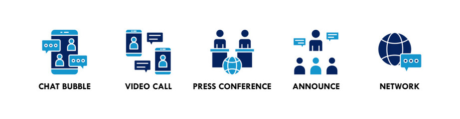 Communication banner web icon illustration concept with icon of chat bubble, video call, press conference, announce, and network