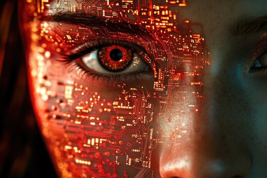 Close-up of a human eye overlaid with a glowing circuit board, symbolizing AI and human connection. - Powered by Adobe