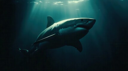 Fototapeta premium Great White Shark Swimming Gracefully in Dark Ocean Waters with Sunlight Filtering Through