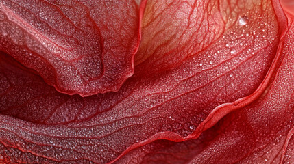 Close-up of delicate red flower petals with water droplets, showcasing intricate textures and layers