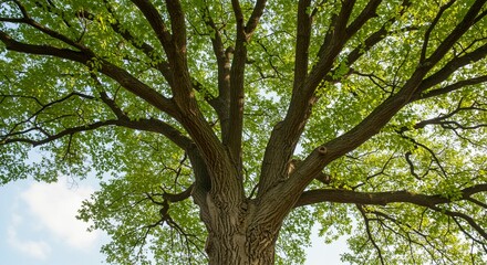 Obraz premium Upward view of tree with vibrant green leaves against bright sky