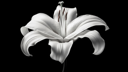 Elegant white lily flower showcasing intricate petal details against a black background, ideal for nature themes