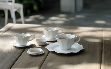 Elegant White Teacups on Wooden Table, Sunny Outdoor Setting