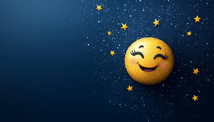 Starry-eyed emoji with sparkling stars in the background on a navy-blue solid background