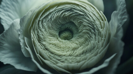 Close-up of a delicate white flower showcasing intricate spiral patterns and soft textures