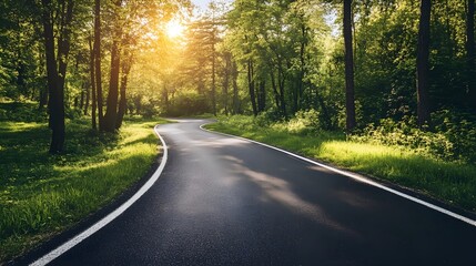 Obraz premium Road through the Green Forest: A winding road meanders through a vibrant, sun-dappled forest, offering a sense of adventure and freedom, the rich colors of nature.