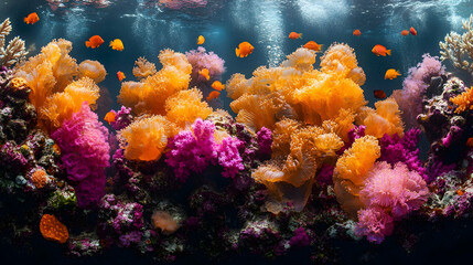 Vibrant underwater scene with orange and pink corals, and small orange fish swimming around