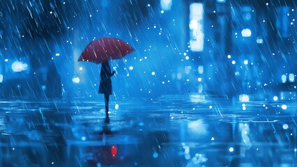 Blue Rain Mood: Red Umbrella and City Lights in the Rain