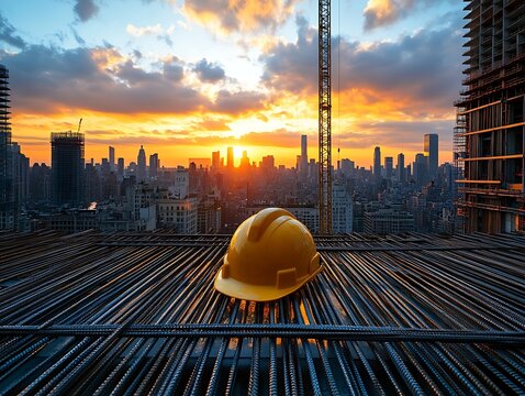 A construction helmet on metal bars overlooking a cityscape at sunset