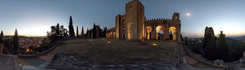 Naklejka premium A panoramic shot of a castle at dusk