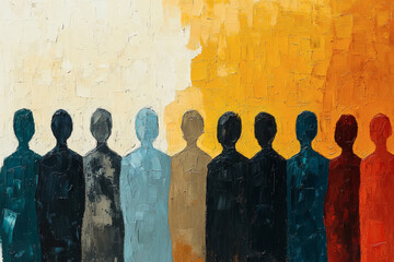 Abstract Painting of Silhouetted Figures in Earth Tones Against Textured Background Displaying Unity Diversity and Togetherness