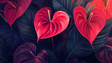 Vibrant heart-shaped red flowers surrounded by lush green leaves in a serene garden setting