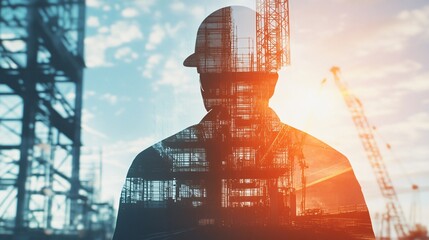 Double Exposure of a Civil Engineer in Hard Hat Overlooking a Steel Bridge Under Construction