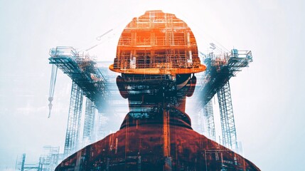 Double Exposure of a Civil Engineer in Hard Hat Overlooking a Steel Bridge Under Construction