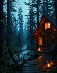Enchanted Forest Cabin Dusk, Fireflies, and Tranquil Creek