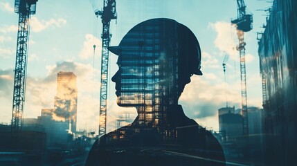 Civil Engineer in Safety Helmet Overlaid with Double Exposure of Construction Cranes and Skyscraper Framework