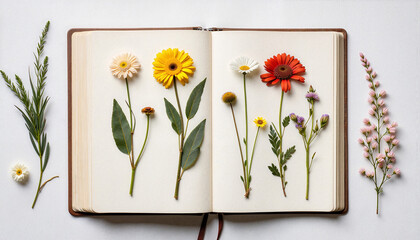 Pressed flowers arranged in a notebook on a white background  