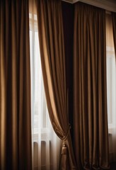 Sumptuous silk curtains softly cascade to the floor, framing a bright window while catching warm afternoon light in a refined living room, creating an inviting ambiance Generative AI