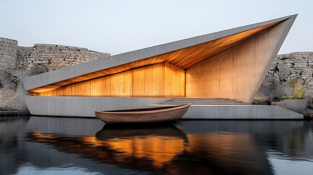 Modern Angular Building with Wood and Concrete at Twilight